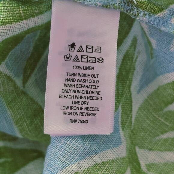 Sigrid Olsen Top Womens Size Medium Green/ Blue Palm Leaf 100% Linen Button Up - Picture 6 of 10